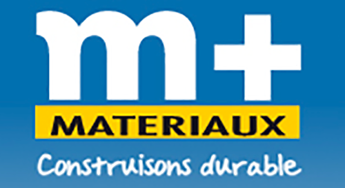 Fond bleu, m+ matériaux, matriaux écrit en noir sur fond jaune et construisons durable en blanc